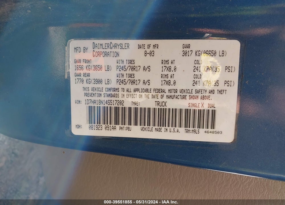 2004 DODGE RAM 1500 SLT/LARAMIE VIN: 1D7HA18N14S517202