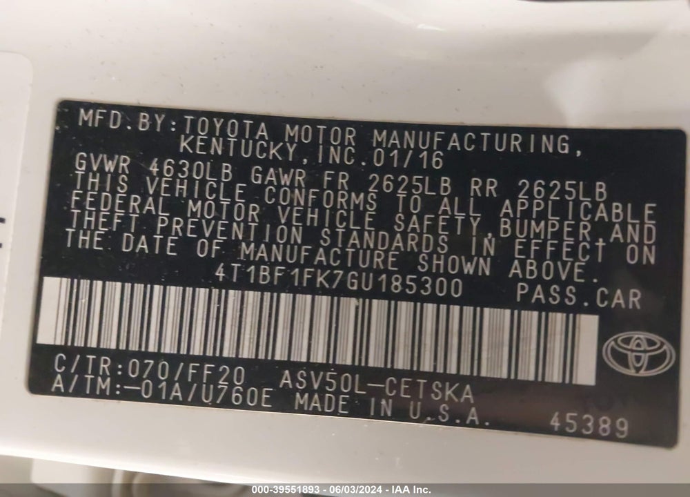 2016 TOYOTA CAMRY SE VIN: 4T1BF1FK7GU185300