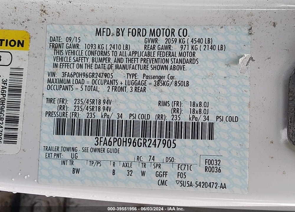 2016 FORD FUSION SE VIN: 3FA6P0H96GR247905