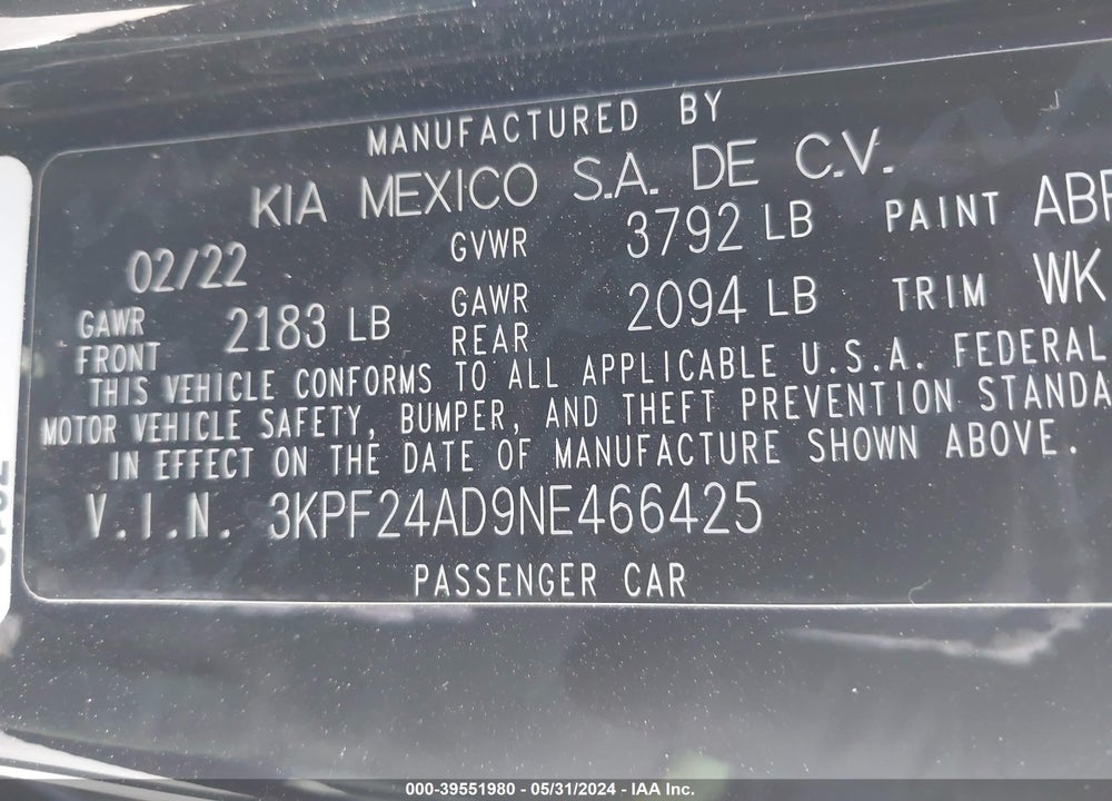 2022 KIA FORTE LXS VIN: 3KPF24AD9NE466425