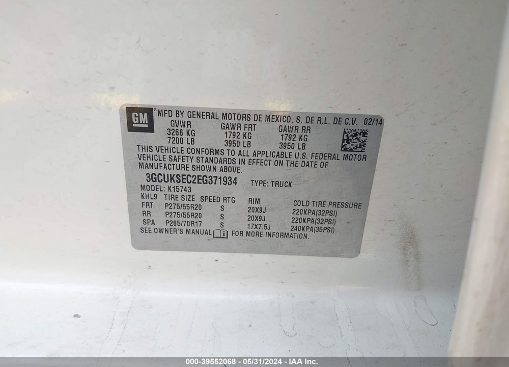 2014 CHEVROLET SILVERADO 1500 1LZ VIN: 3GCUKSEC2EG371934