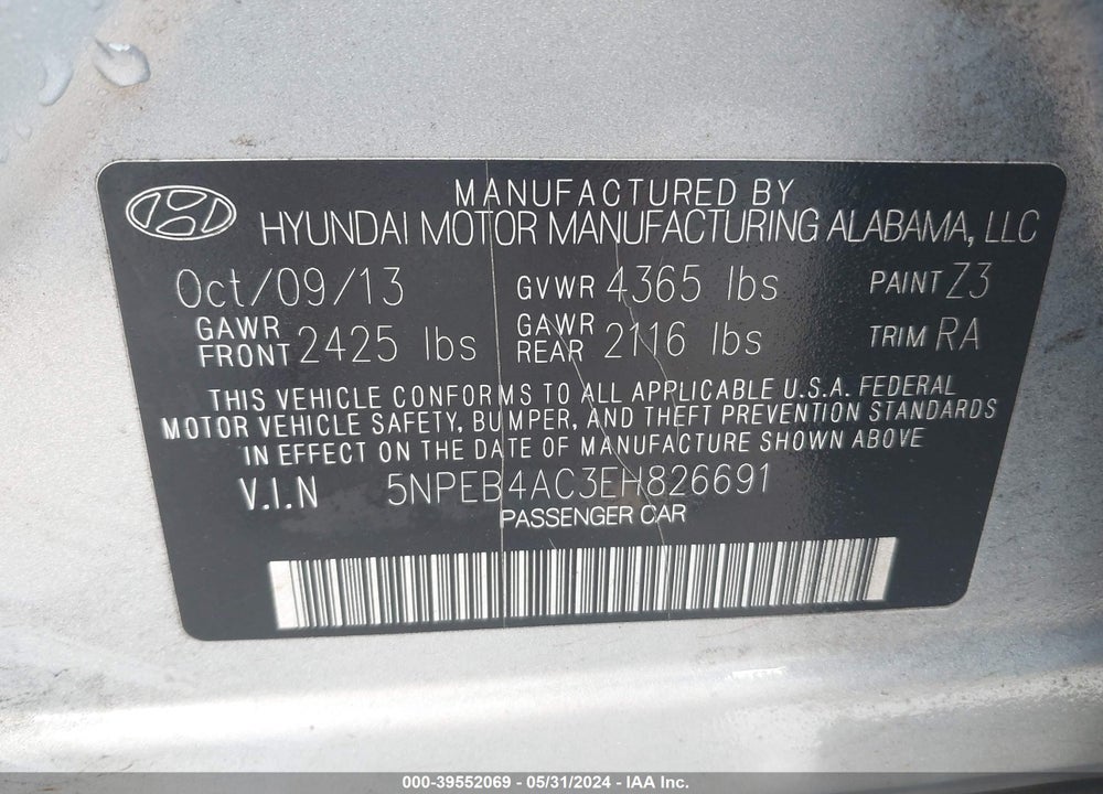 2014 HYUNDAI SONATA VIN: 5NPEB4AC3EH826691
