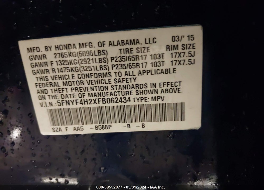 2015 HONDA PILOT LX VIN: 5FNYF4H2XFB062434