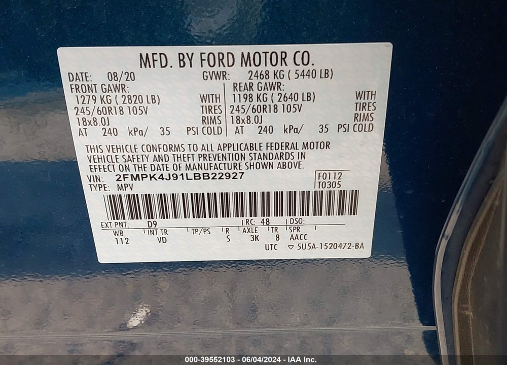 2020 FORD EDGE SEL VIN: 2FMPK4J91LBB22927