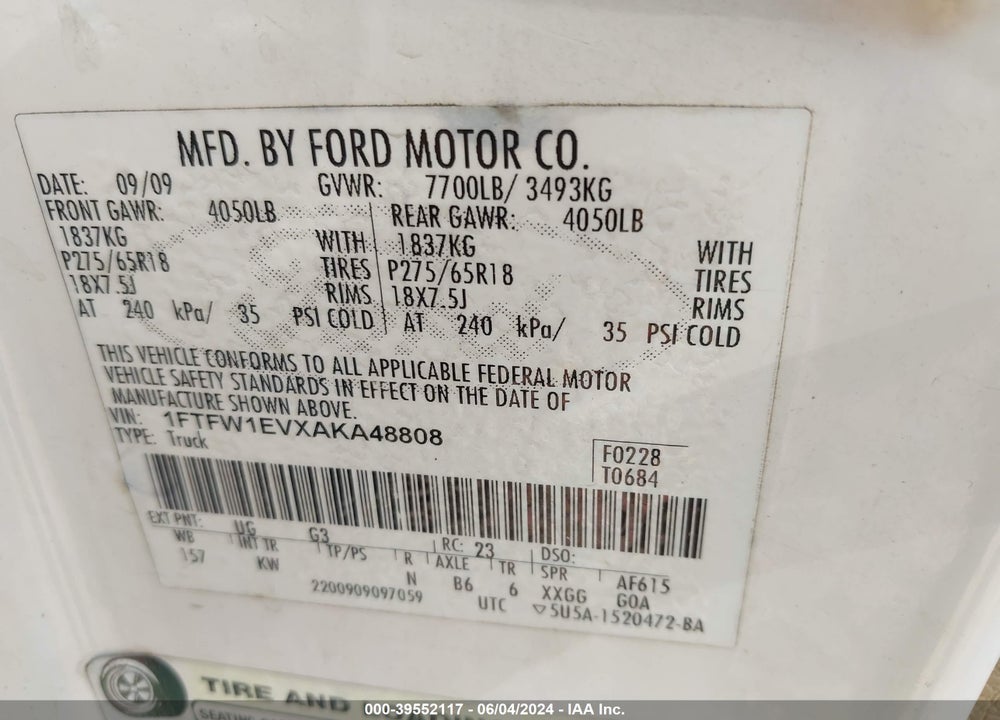 2010 HARLEY-DAVIDSON FORD F-150 FX4//KING RANCH/LARIAT/PLATINUM/XL/XLT VIN: 1FTFW1EVXAKA48808