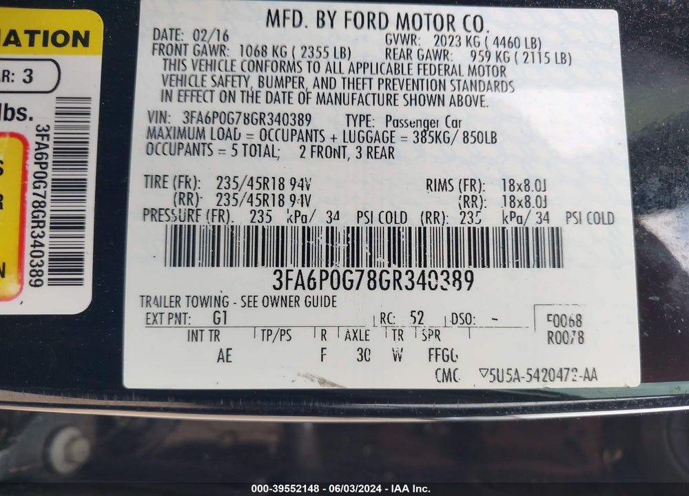 2016 FORD FUSION S VIN: 3FA6P0G78GR340389