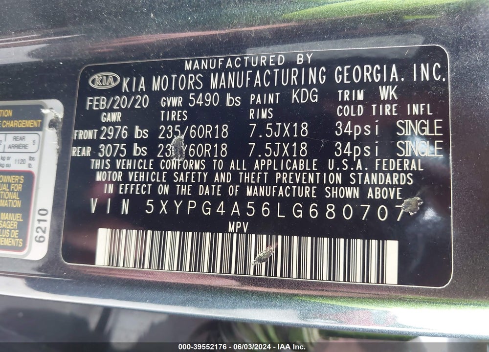 2020 KIA SORENTO 3.3L LX VIN: 5XYPG4A56LG680707