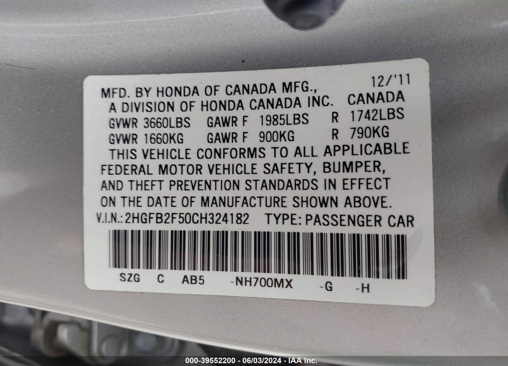 2012 HONDA CIVIC LX VIN: 2HGFB2F50CH324182