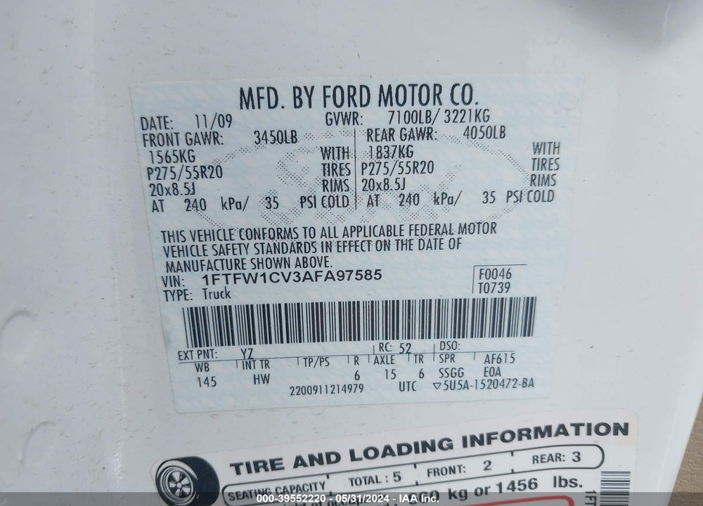 2010 FORD F-150 FX2 SPORT/HARLEY-DAVIDSON/KING RANCH/LARIAT/PLATINUM/XL/XLT VIN: 1FTFW1CV3AFA97585