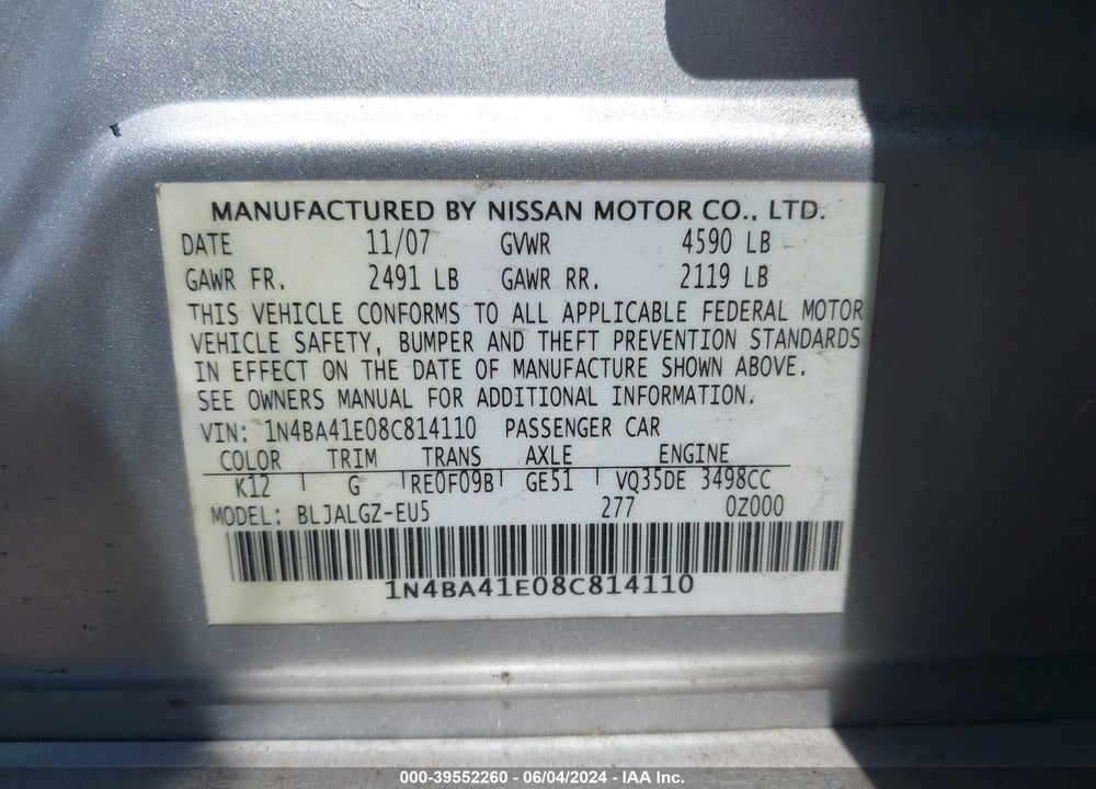 2008 NISSAN MAXIMA 3.5 SL VIN: 1N4BA41E08C814110
