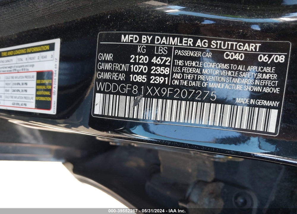 2009 MERCEDES-BENZ C CLASS VIN: WDDGF81XX9F207275