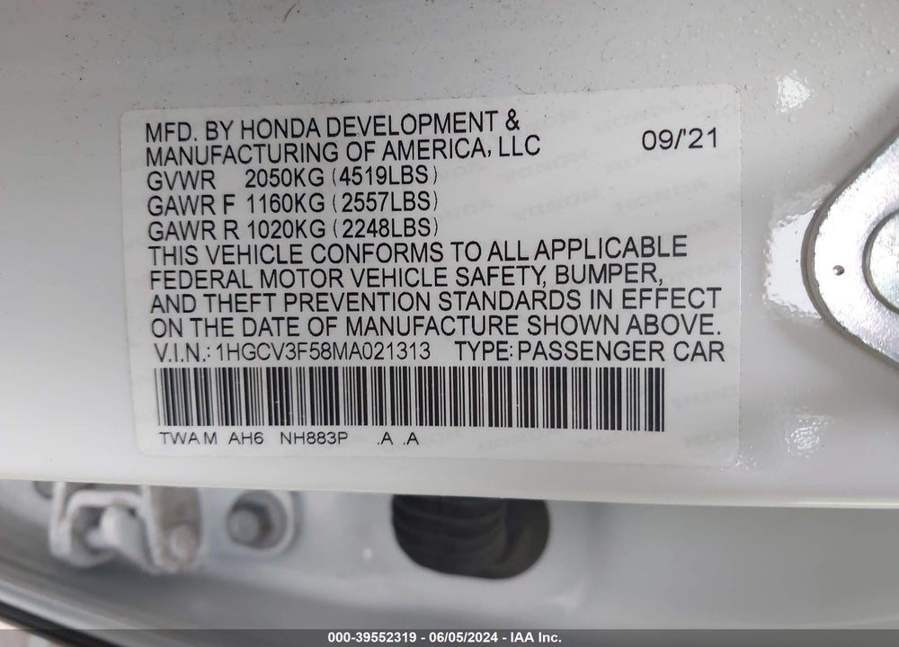 2021 HONDA ACCORD HYBRID EX-L VIN: 1HGCV3F58MA021313