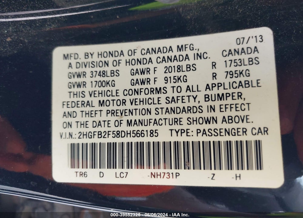 2013 HONDA CIVIC LX VIN: 2HGFB2F58DH566185