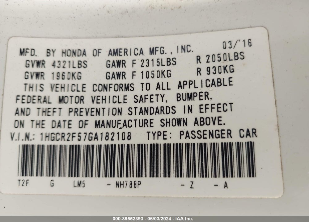 2016 HONDA ACCORD SPORT VIN: 1HGCR2F57GA182108