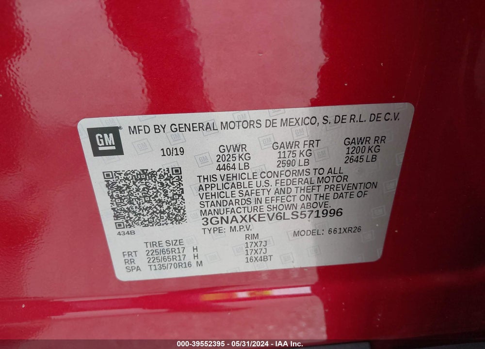 2020 CHEVROLET EQUINOX FWD LT 1.5L TURBO VIN: 3GNAXKEV6LS571996