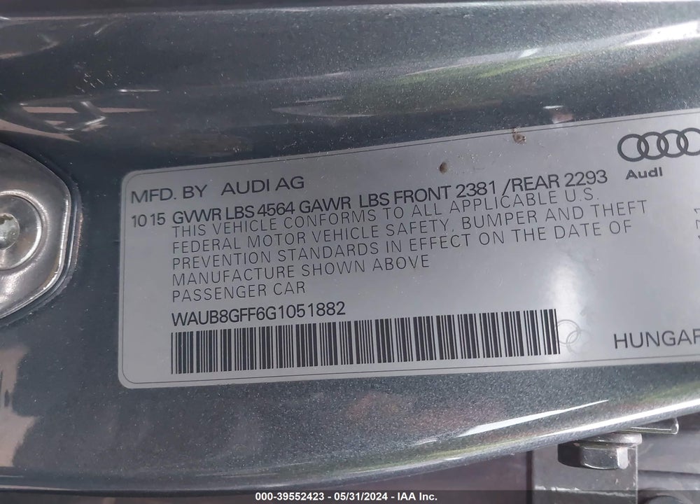 2016 AUDI A3 2.0T PREMIUM VIN: WAUB8GFF6G1051882