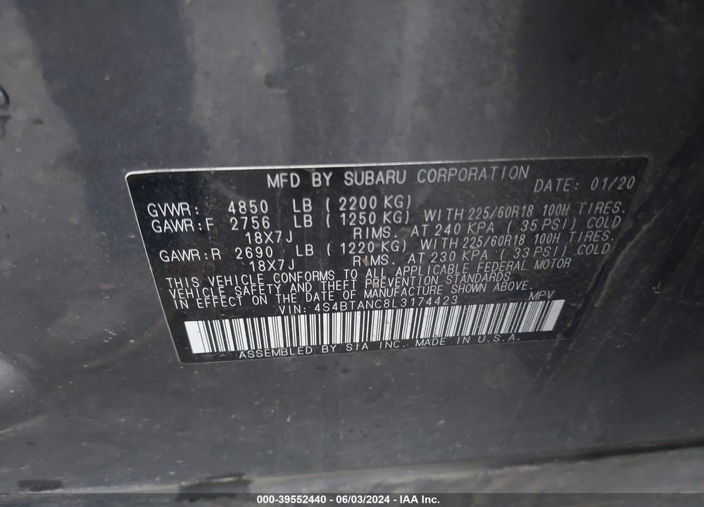 2020 SUBARU OUTBACK LIMITED VIN: 4S4BTANC8L3174423