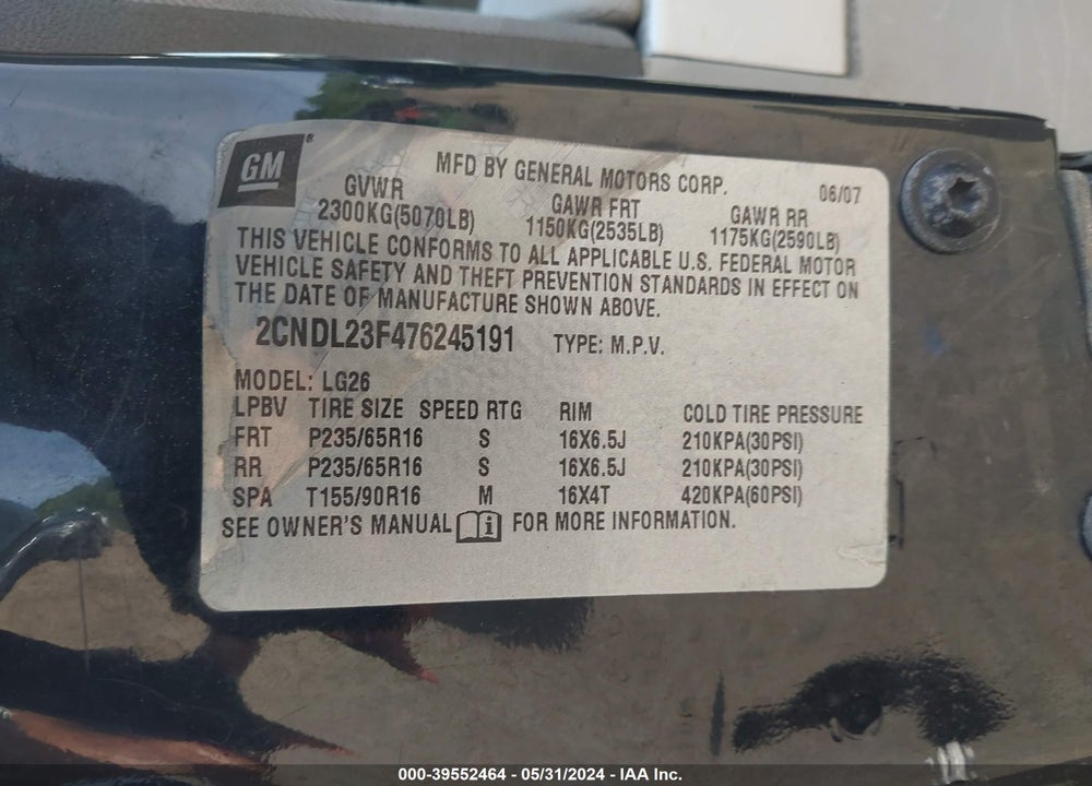 2007 CHEVROLET EQUINOX LS VIN: 2CNDL23F476245191