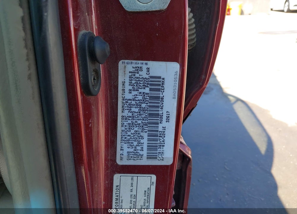 2003 TOYOTA CAMRY VIN: 4T1BE32KX3U143718