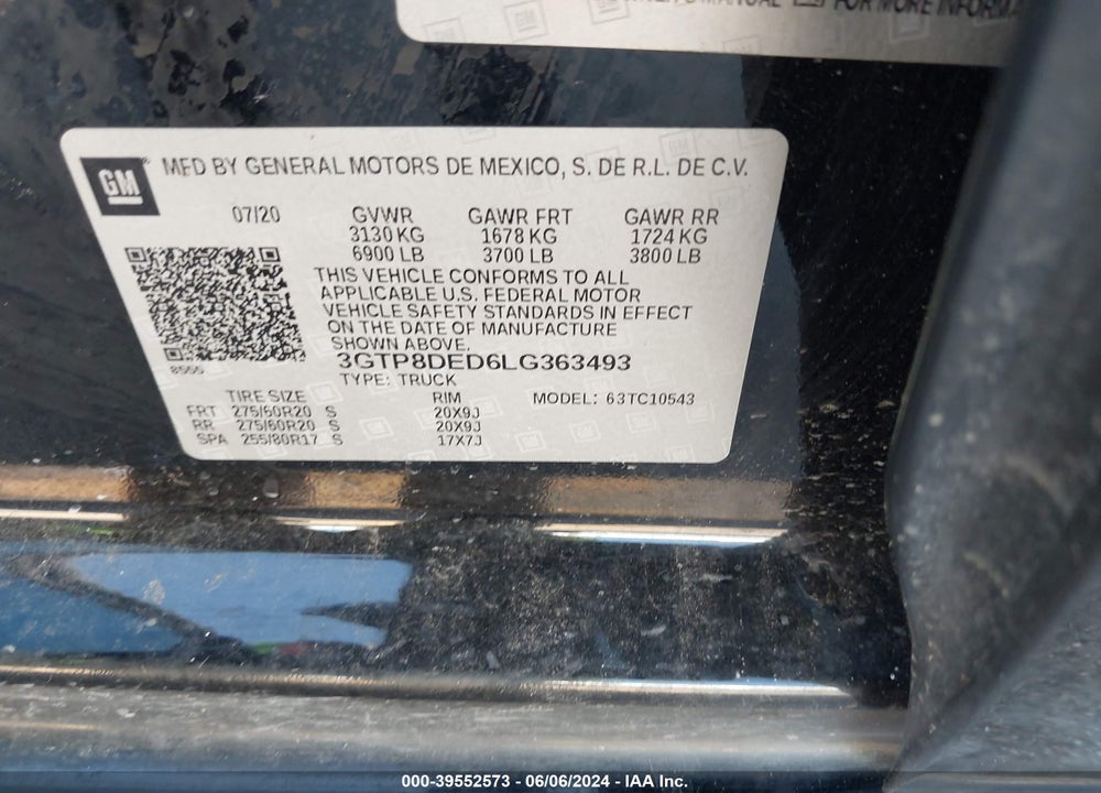 2020 GMC SIERRA 1500 2WD SHORT BOX SLT VIN: 3GTP8DED6LG363493