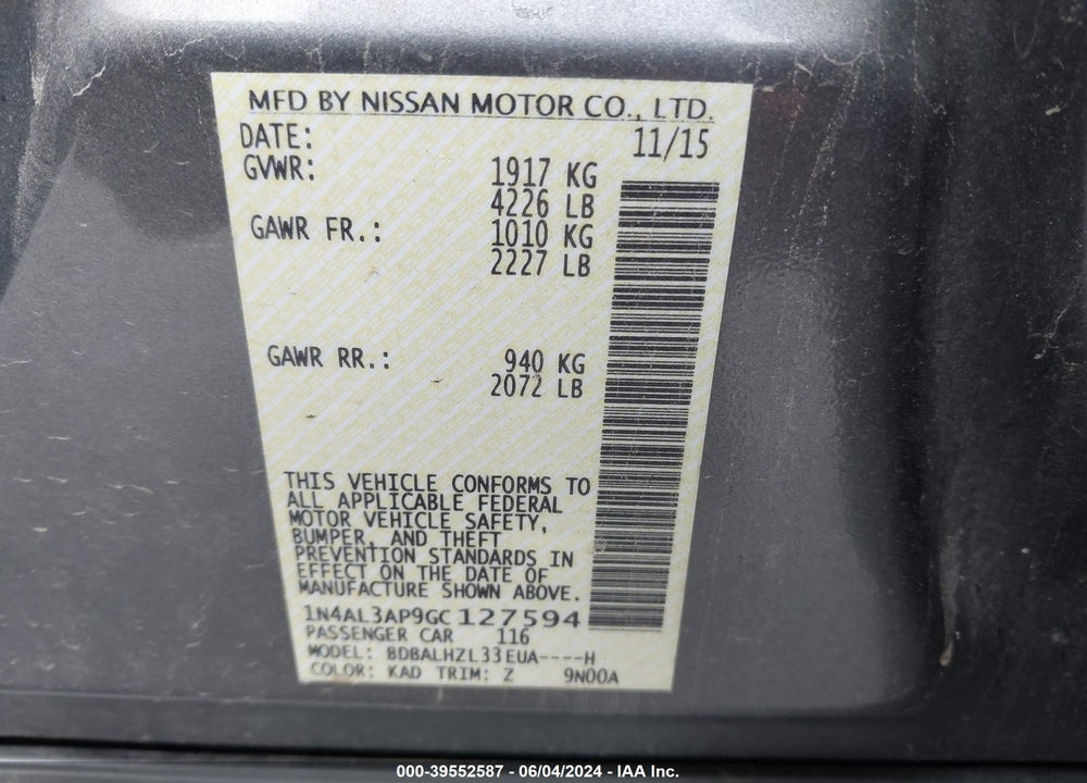 2016 NISSAN ALTIMA 2.5 SR VIN: 1N4AL3AP9GC127594