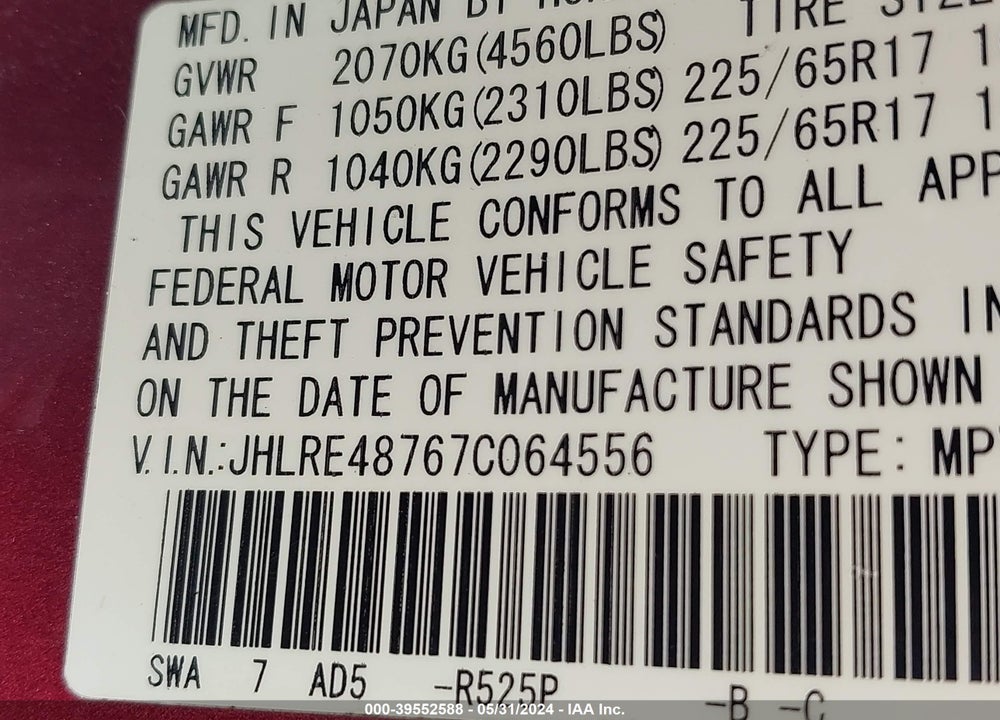 2007 HONDA CR-V EX-L VIN: JHLRE48767C064556