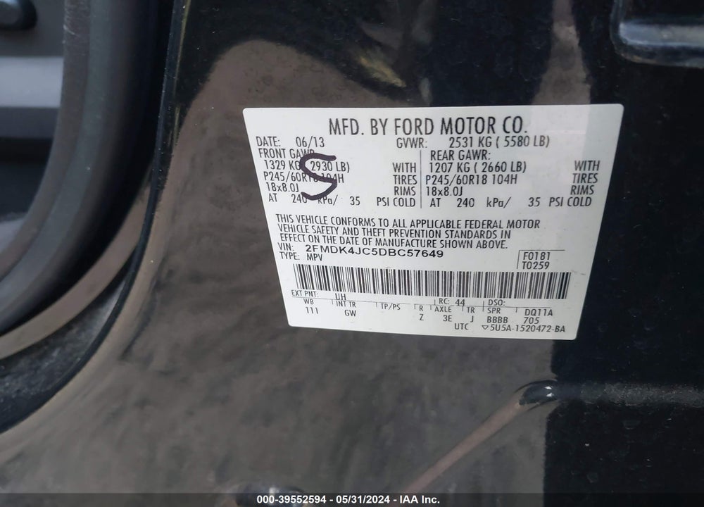 2013 FORD EDGE SEL VIN: 2FMDK4JC5DBC57649