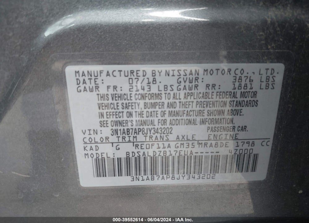 2018 NISSAN SENTRA SV VIN: 3N1AB7AP8JY343202