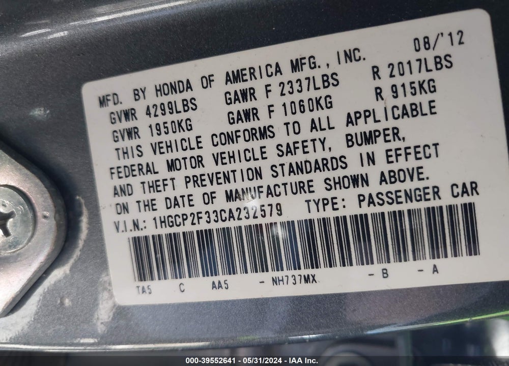 2012 HONDA ACCORD 2.4 LX VIN: 1HGCP2F33CA232579