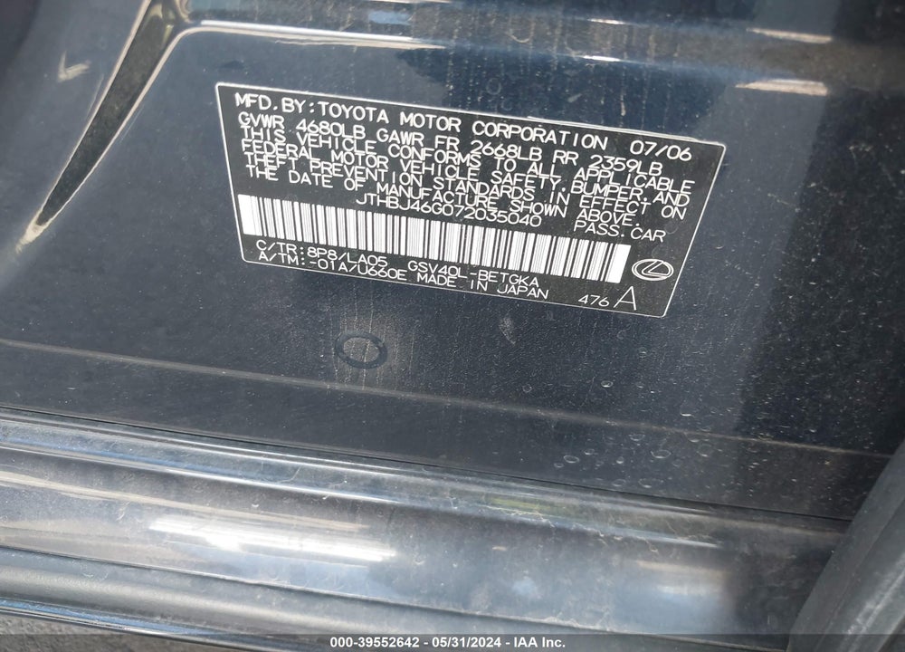 2007 LEXUS ES 350 VIN: JTHBJ46G072035040