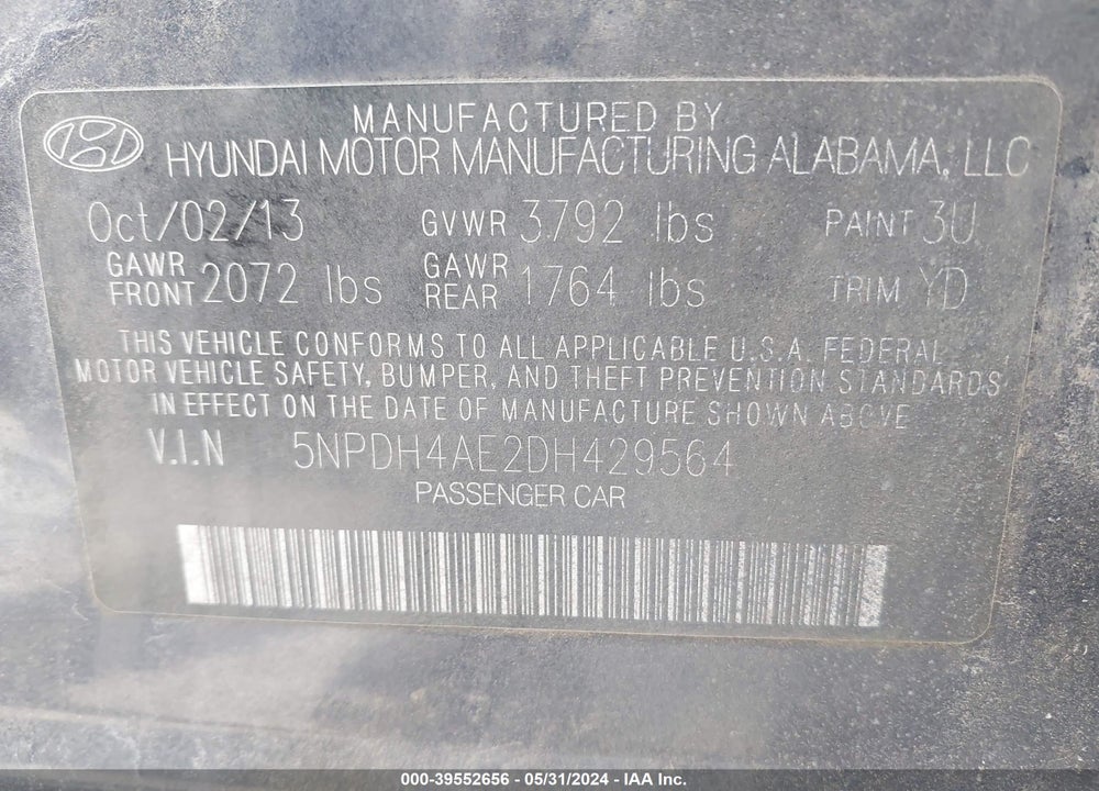 2013 HYUNDAI ELANTRA VIN: 5NPDH4AE2DH429564