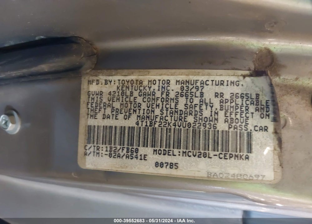 1997 TOYOTA CAMRY LE V6 VIN: 4T1BF22K4VU022936