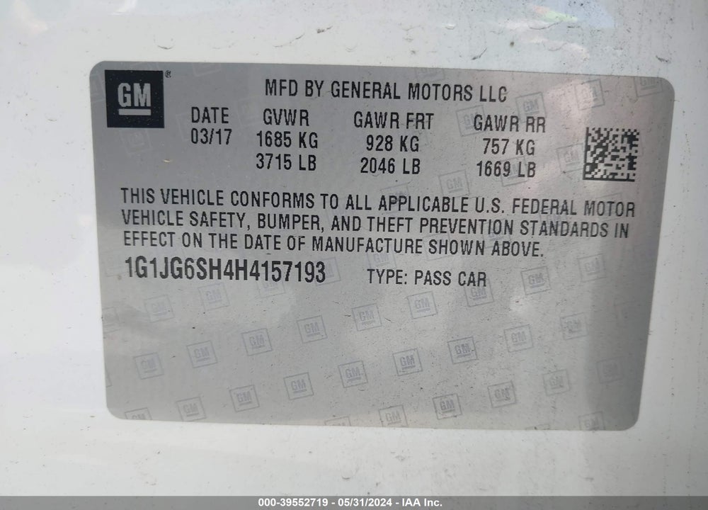 2017 CHEVROLET SONIC LT AUTO VIN: 1G1JG6SH4H4157193