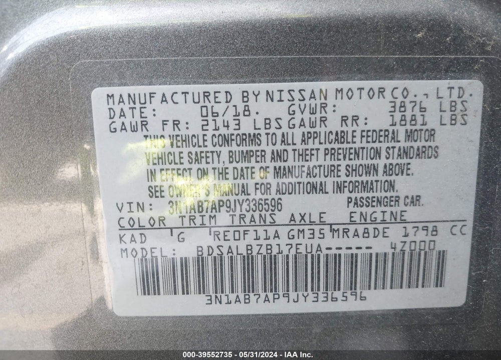 2018 NISSAN SENTRA S VIN: 3N1AB7AP9JY336596