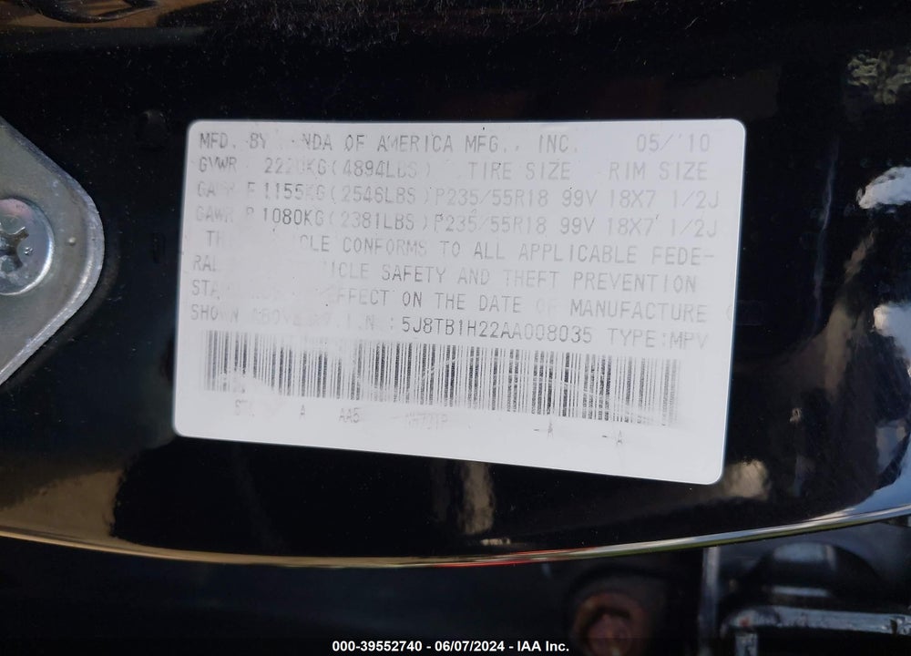 2010 ACURA RDX VIN: 5J8TB1H22AA008035