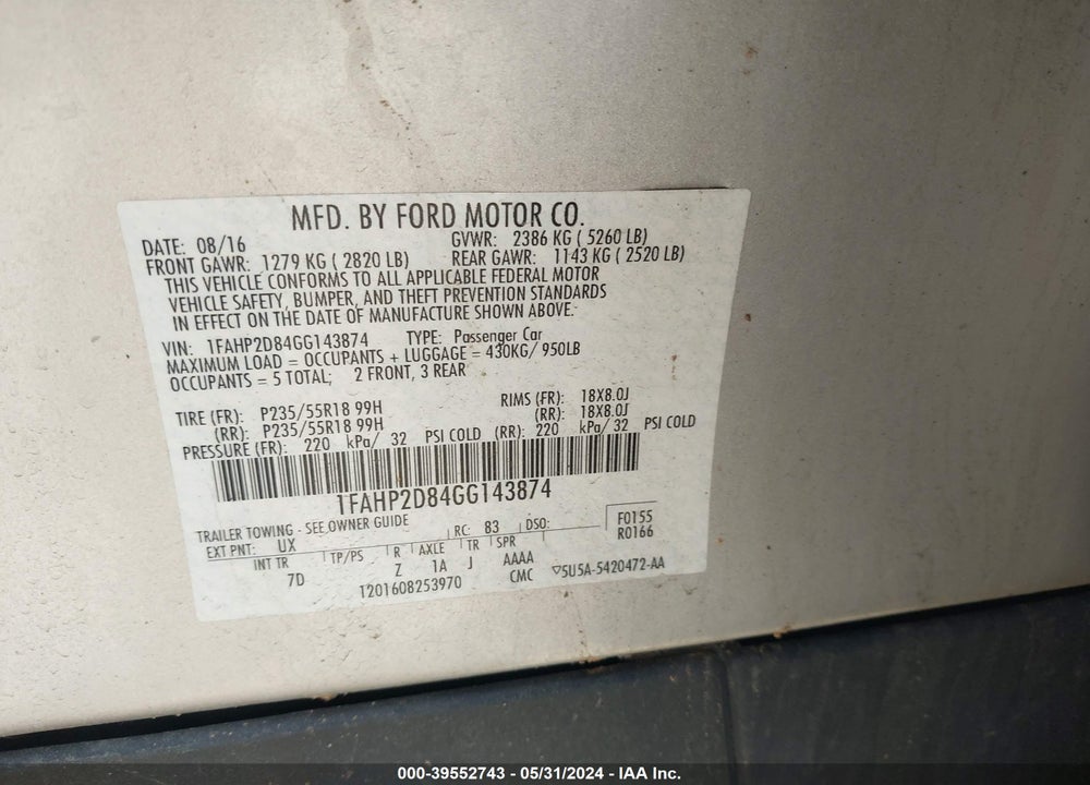 2016 FORD TAURUS SE VIN: 1FAHP2D84GG143874