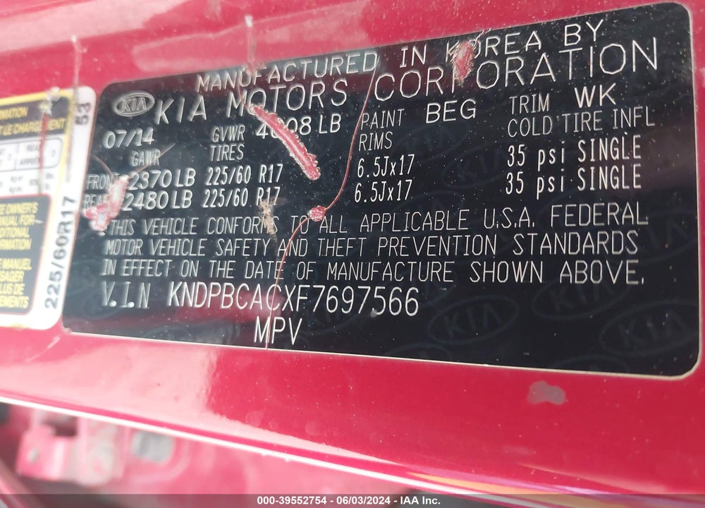 2015 KIA SPORTAGE LX VIN: KNDPBCACXF7697566