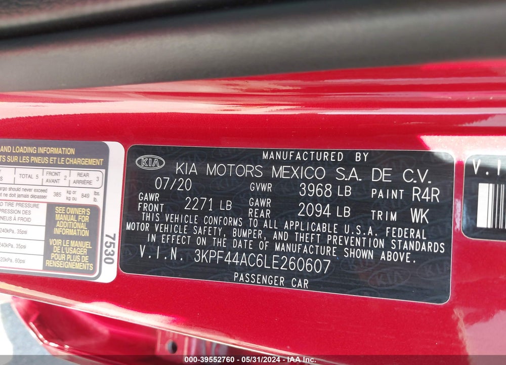 2020 KIA FORTE GT VIN: 3KPF44AC6LE260607