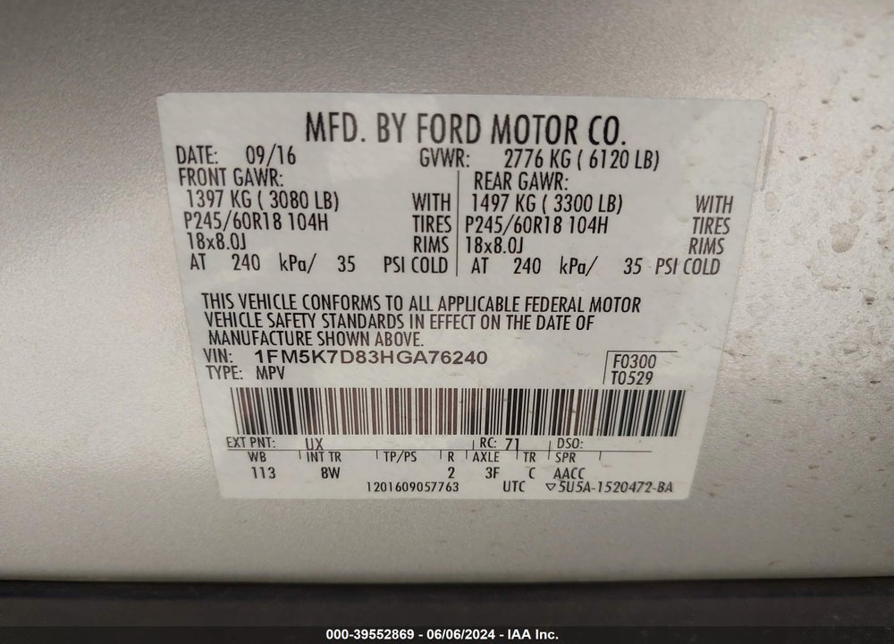 2017 FORD EXPLORER XLT VIN: 1FM5K7D83HGA76240