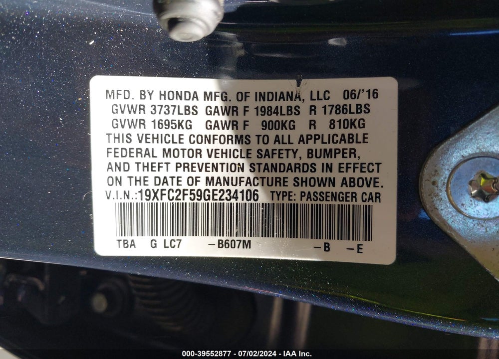 2016 HONDA CIVIC LX VIN: 19XFC2F59GE234106
