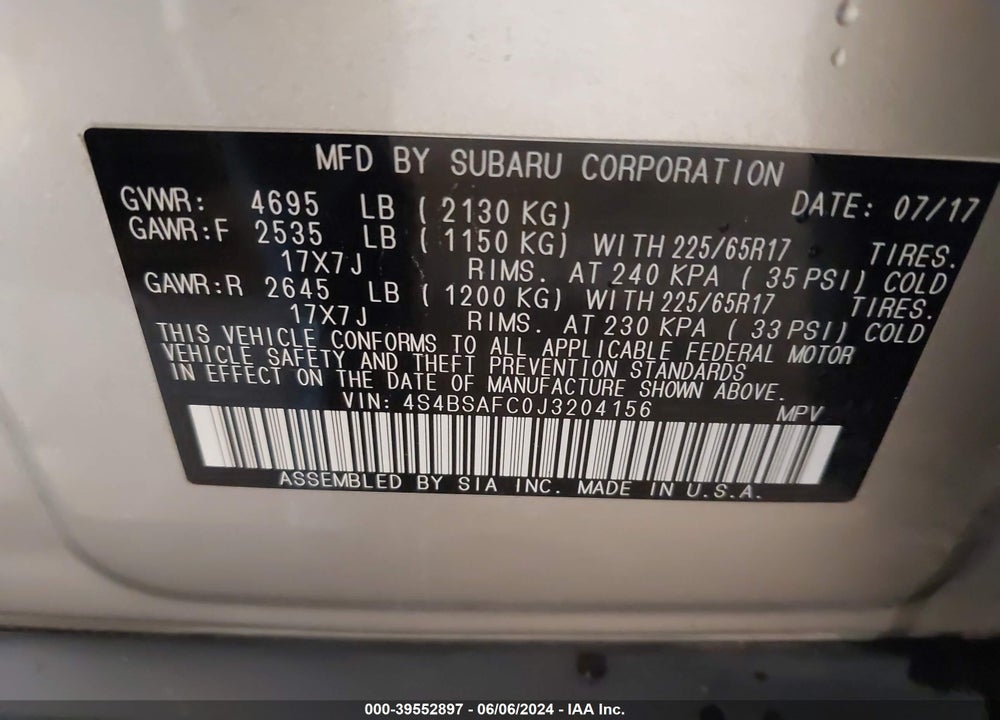 2018 SUBARU OUTBACK 2.5I PREMIUM VIN: 4S4BSAFC0J3204156