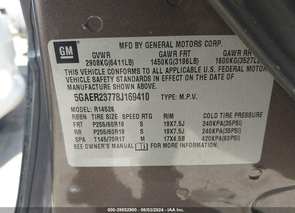 2008 BUICK ENCLAVE CXL VIN: 5GAER23778J169410