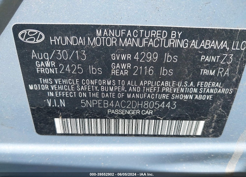 2013 HYUNDAI SONATA GLS VIN: 5NPEB4AC2DH805443