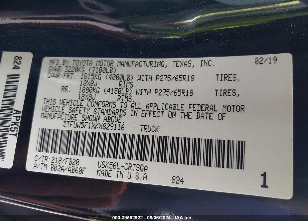 2019 TOYOTA TUNDRA SR5 5.7L V8 VIN: 5TFUW5F1XKX829116