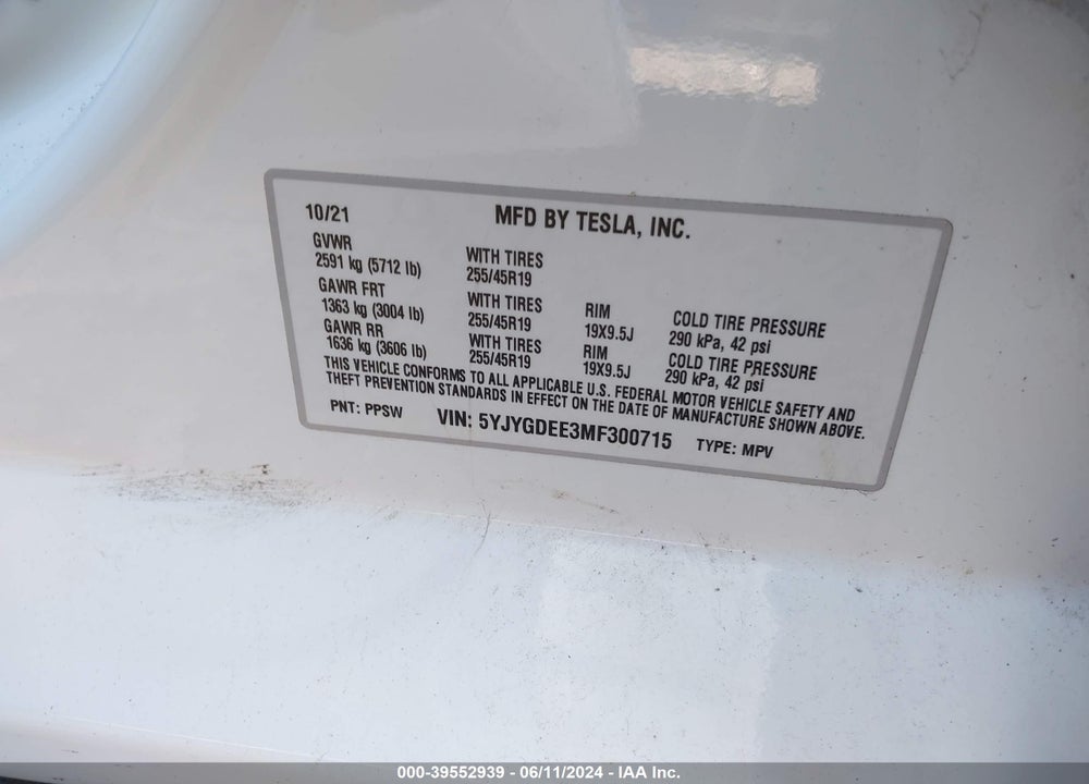 2021 TESLA MODEL Y LONG RANGE DUAL MOTOR ALL-WHEEL DRIVE VIN: 5YJYGDEE3MF300715