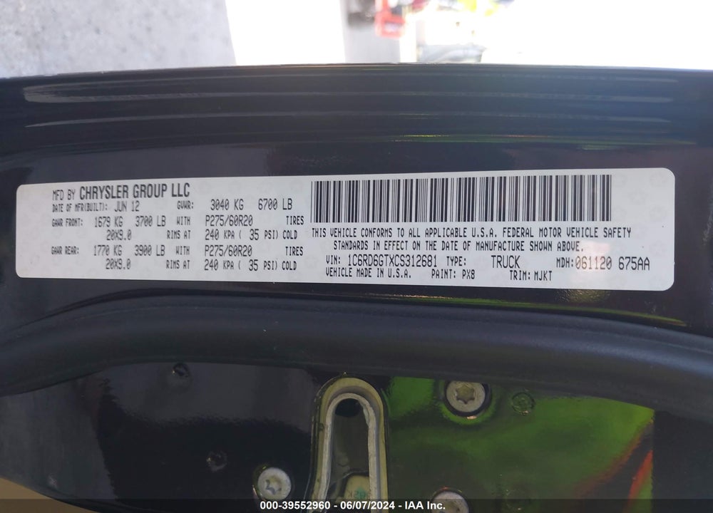 2012 RAM 1500 SLT VIN: 1C6RD6GTXCS312681
