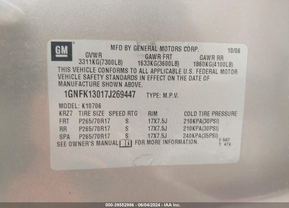 2007 CHEVROLET TAHOE LT VIN: 1GNFK13017J269447