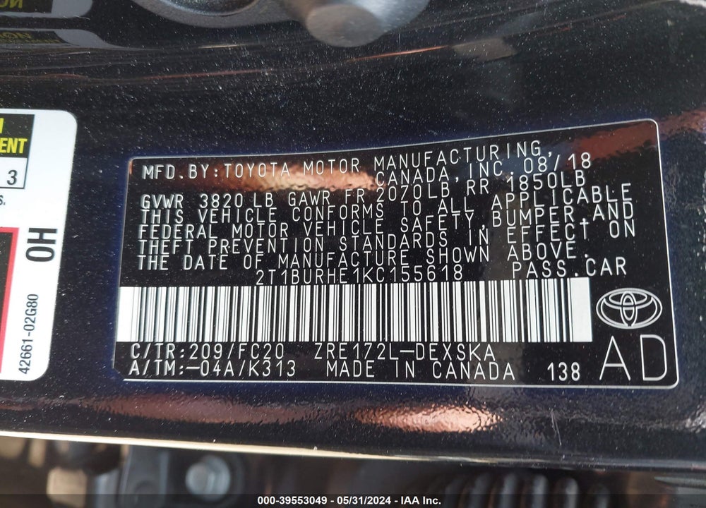 2019 TOYOTA COROLLA SE VIN: 2T1BURHE1KC155618
