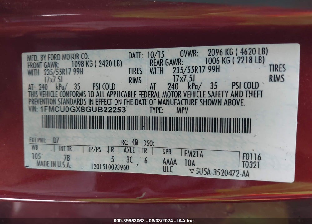 2016 FORD ESCAPE SE VIN: 1FMCU0GX8GUB22253