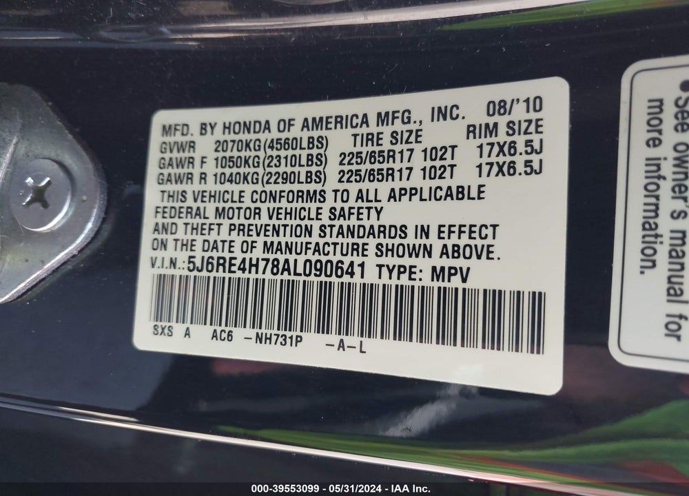 2010 HONDA CR-V EX-L VIN: 5J6RE4H78AL090641